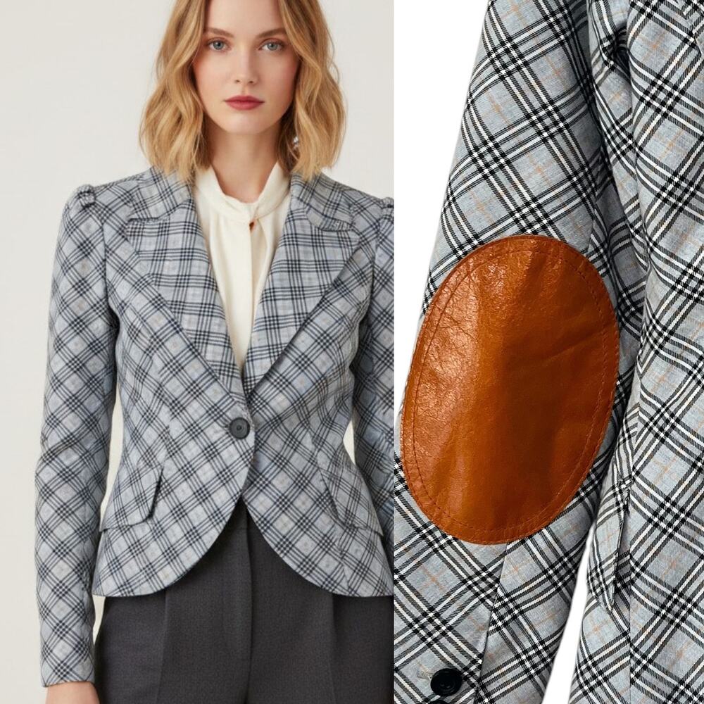 SMYTHE Duchess Plaid Blazer Blue Grey Leather Elbow Patches Size 4